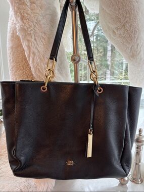 Vince Camuto Black Pebbled Leather Tote with Gold Hardware
